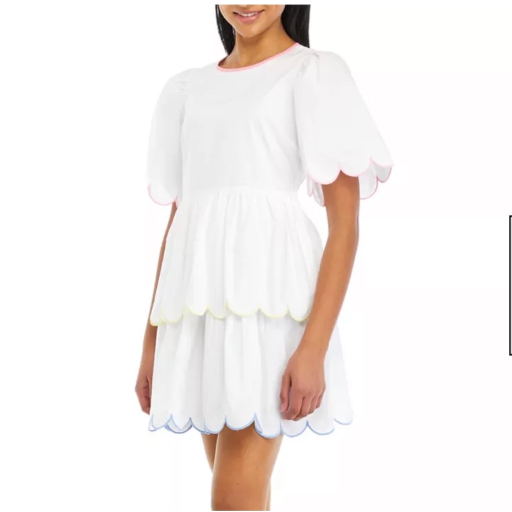 English Factory White Scalloped Pastel Trim Mini Dress